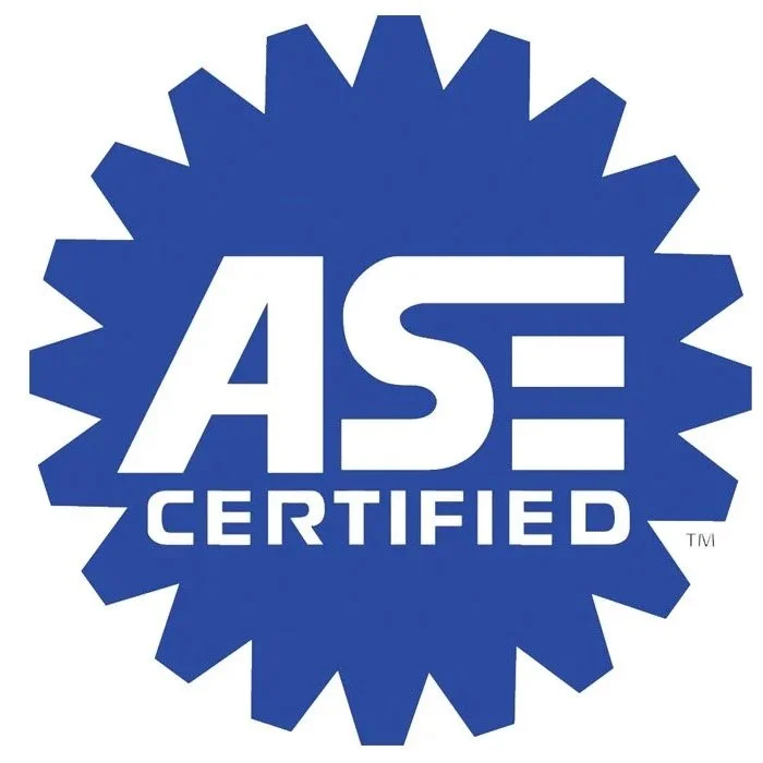 Blue badge with white text reading "ASE Certified" and a gear-shaped border.