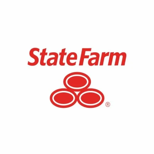 State Farm logo with red text and three red circles beneath it.