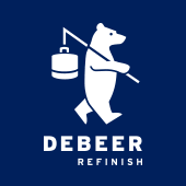 Logo of DeBeer Refinish featuring a bear carrying a paint bucket and brush