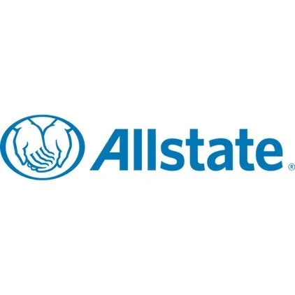 Allstate logo with two hands holding a house inside a circle on the left, and the word "Allstate" in blue on the right.