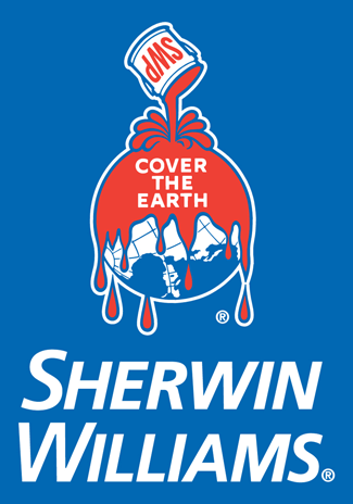 A graphic illustration of a red, melting globe with mountain peaks and a lighthouse, with a gas pump nozzle pouring red liquid labeled 'OIL' into the globe. The text 'COVER THE EARTH' is in the center of the globe. Underneath, the name 'SHERWIN WILLIAMS' is written in white bold letters.