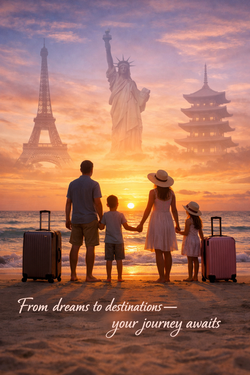 A family of four standing on the beach at sunset, holding hands, with suitcases and umbrellas, watching a giant floating Statue of Liberty, Eiffel Tower, and a traditional pagoda in the sky.