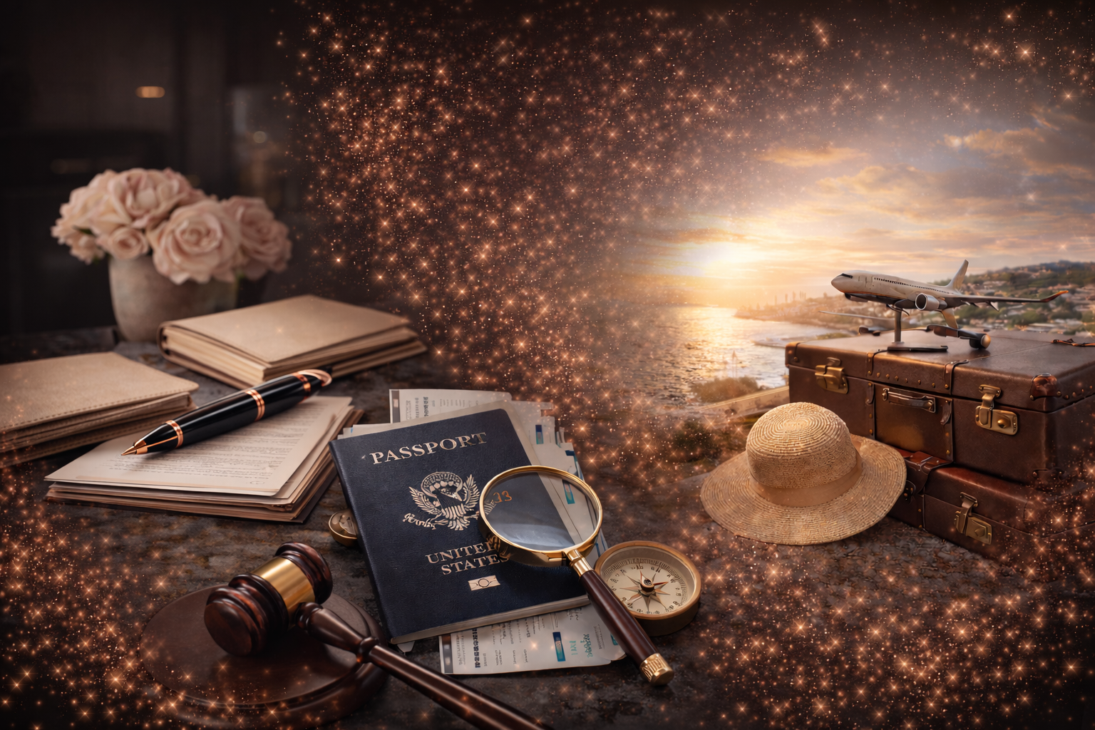 Travel-themed scene with a table holding a bouquet of roses, notebooks, a pen, a gavel, a magnifying glass, a United States passport with boarding passes, a wristwatch, and a compass. In the background, an airplane is flying over a coastal landscape at sunset, with a suitcase and a straw hat nearby.