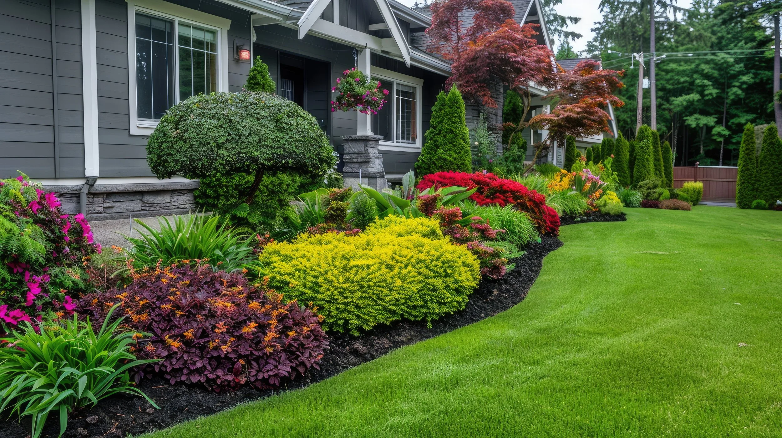 Colorful landscaped garden with variety of bushes, flowers, and trees in front of a gray house with white trim and large windows.
