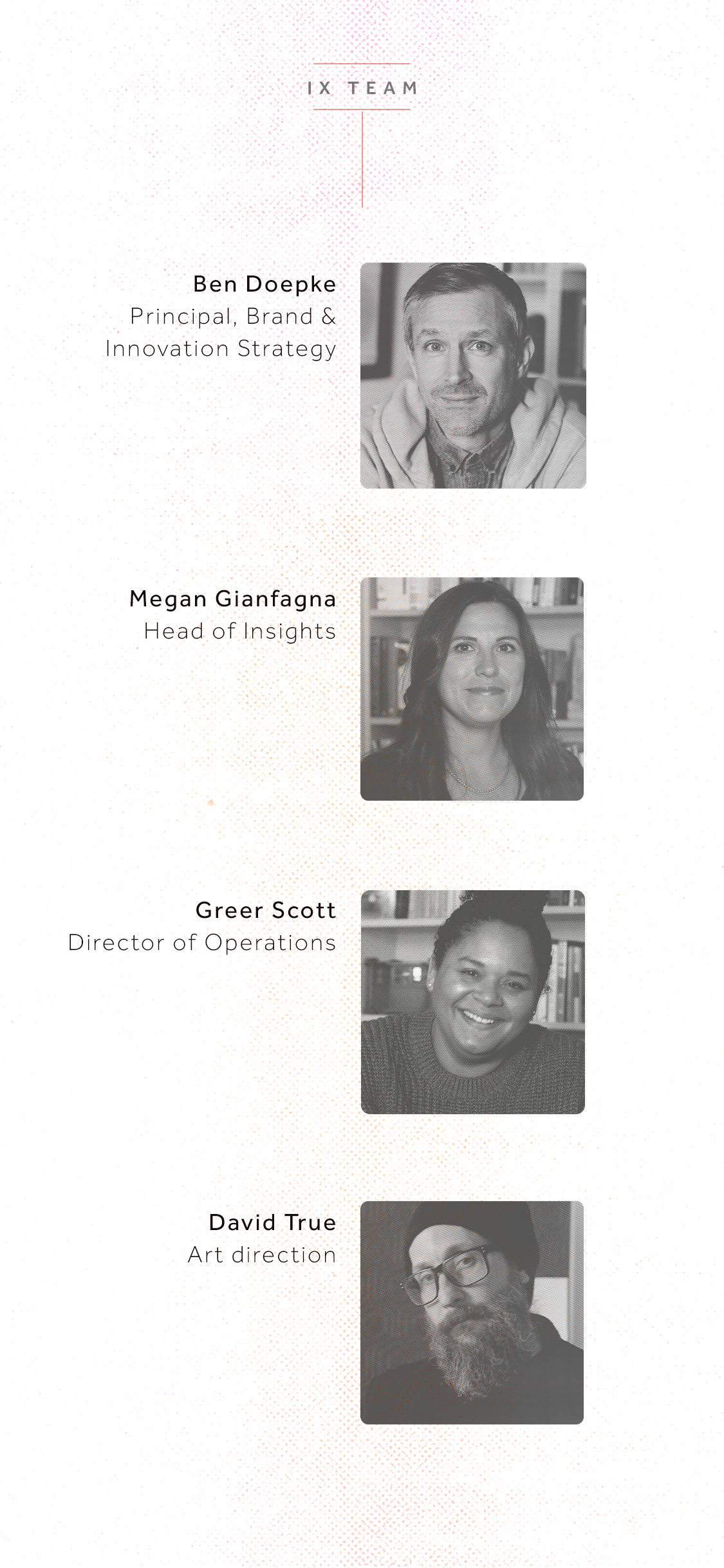 Team introduction graphic featuring five individuals with their names and titles. From top to bottom: Ben Doepke, Principal, Brand & Innovation Strategy; Megan Gianfagna, Head of Insights; Greer Scott, Director of Operations; David True, Art Direction. Each person has a black and white portrait photograph aligned with their name and title on a light background.