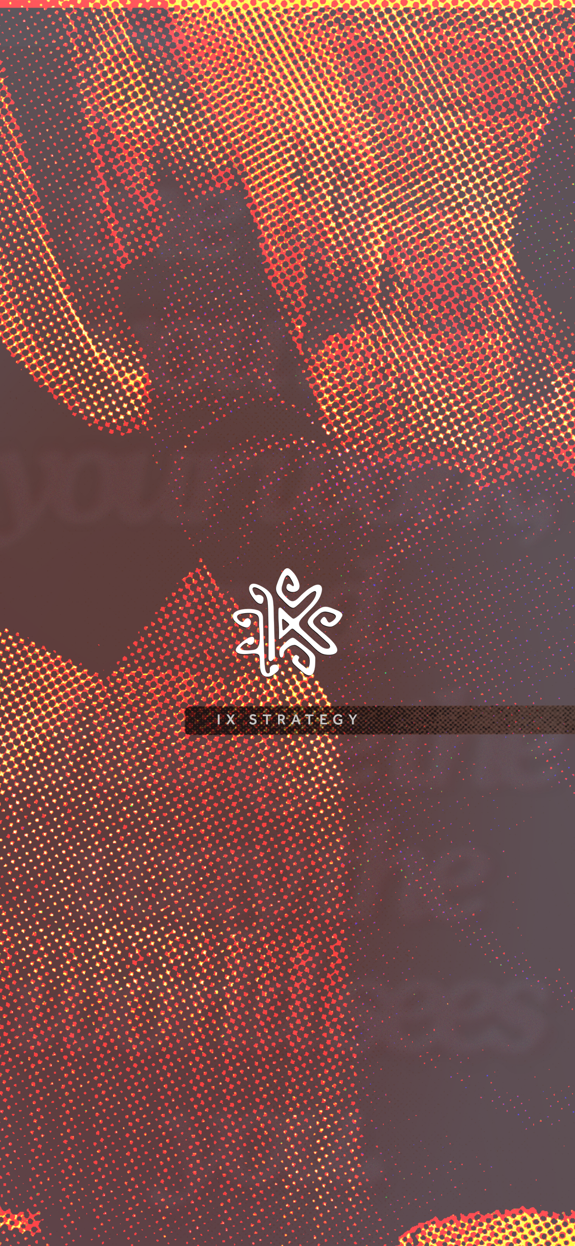 Digital abstract background with red, orange, and yellow dots forming a pattern with the text 'IX STRATEGY' in the center.