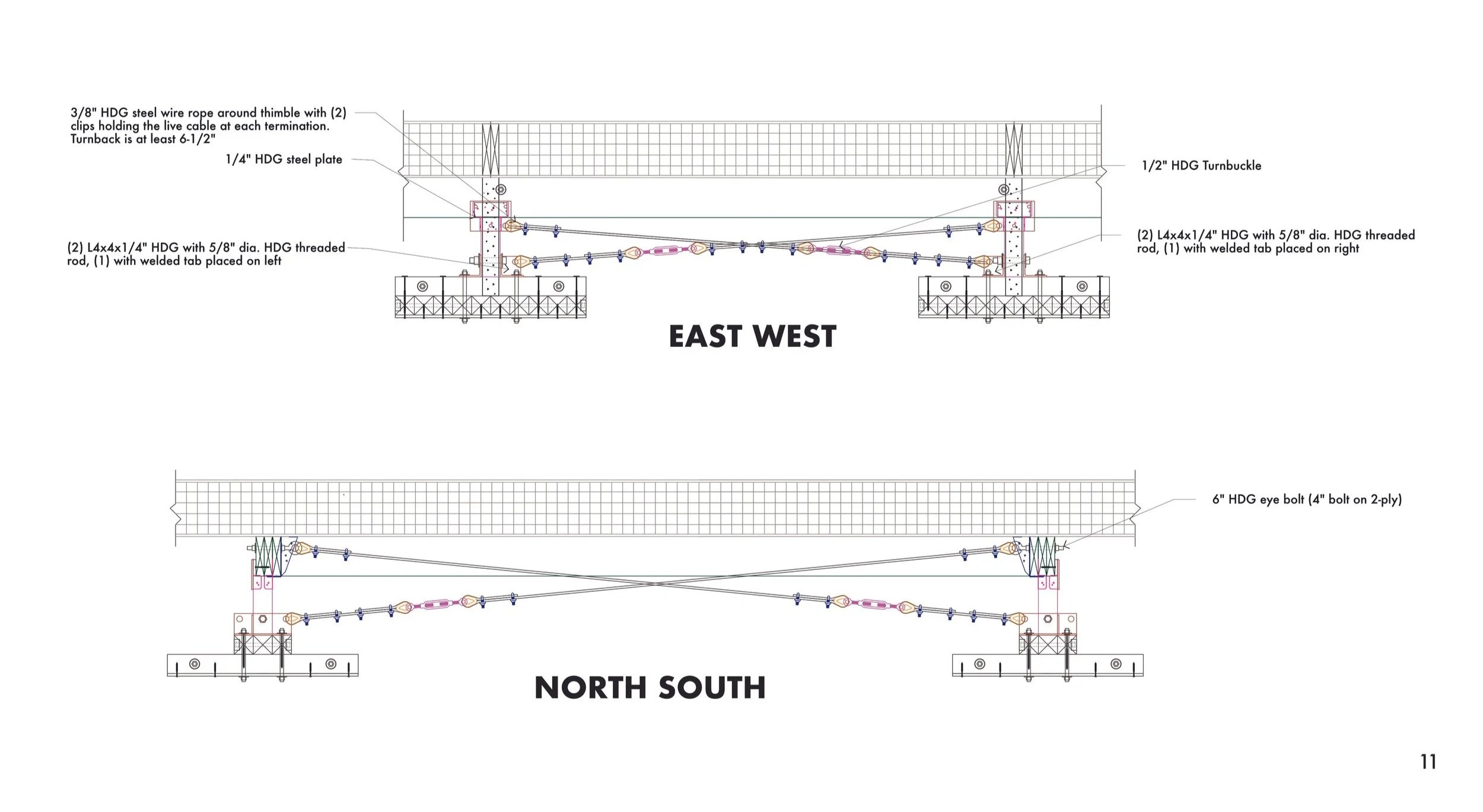 Each length attaches to a turnbuckle assembly, and then diagonally from angle to plate or bolt in their specific location. 
