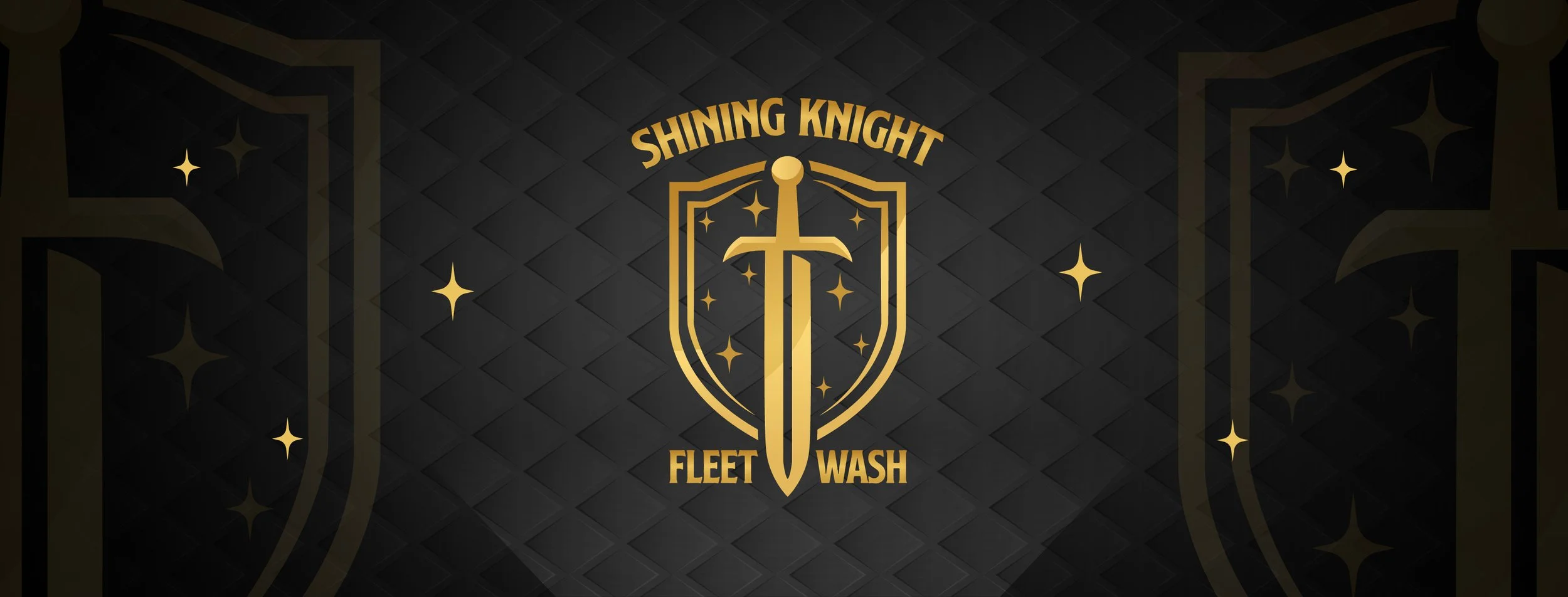 A dark, patterned background with gold accents. In the center, there is a shield with a sword pointing downward, surrounded by stars. Above the shield, it says "Shining Knight," and below, it says "Fleet Wash" in gold text.