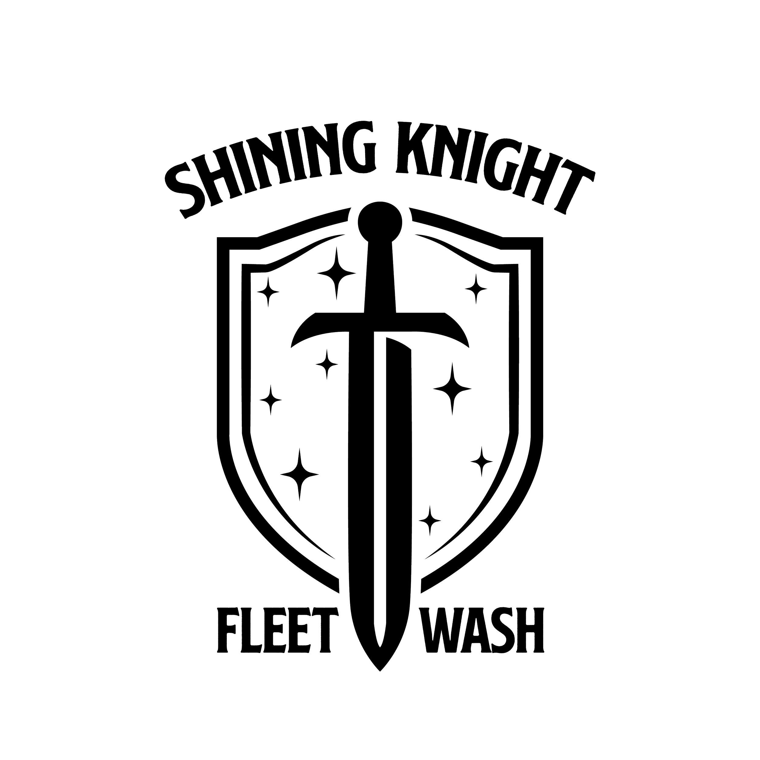Black and white logo featuring a shield with a sword and stars, with the words "Shining Knight" above and "Fleet Wash" below.