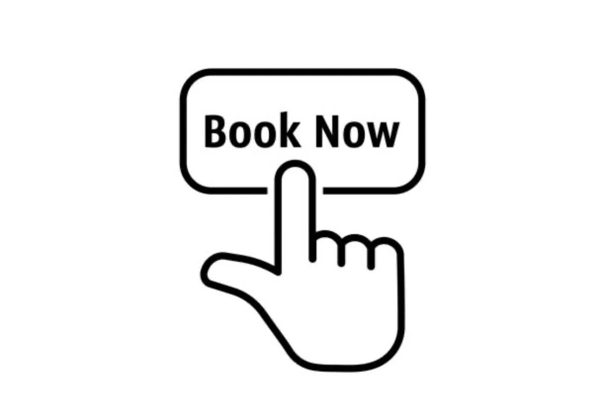 Line drawing of a hand with a pointing finger pressing a button labeled 'Book Now'