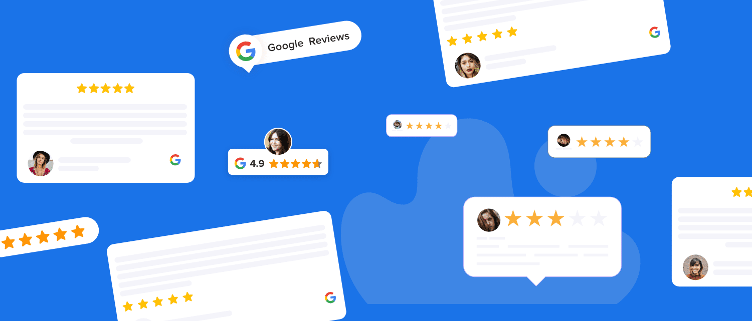 Digital illustration of various online review comments with star ratings and profile pictures on a blue background.