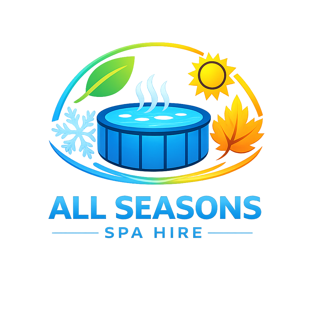 A stylized graphic representing all four seasons with a hot tub at the center, surrounded by icons of snowflake, leaves, sun, and autumn leaf, and the text "All Seasons Spa & Hire."