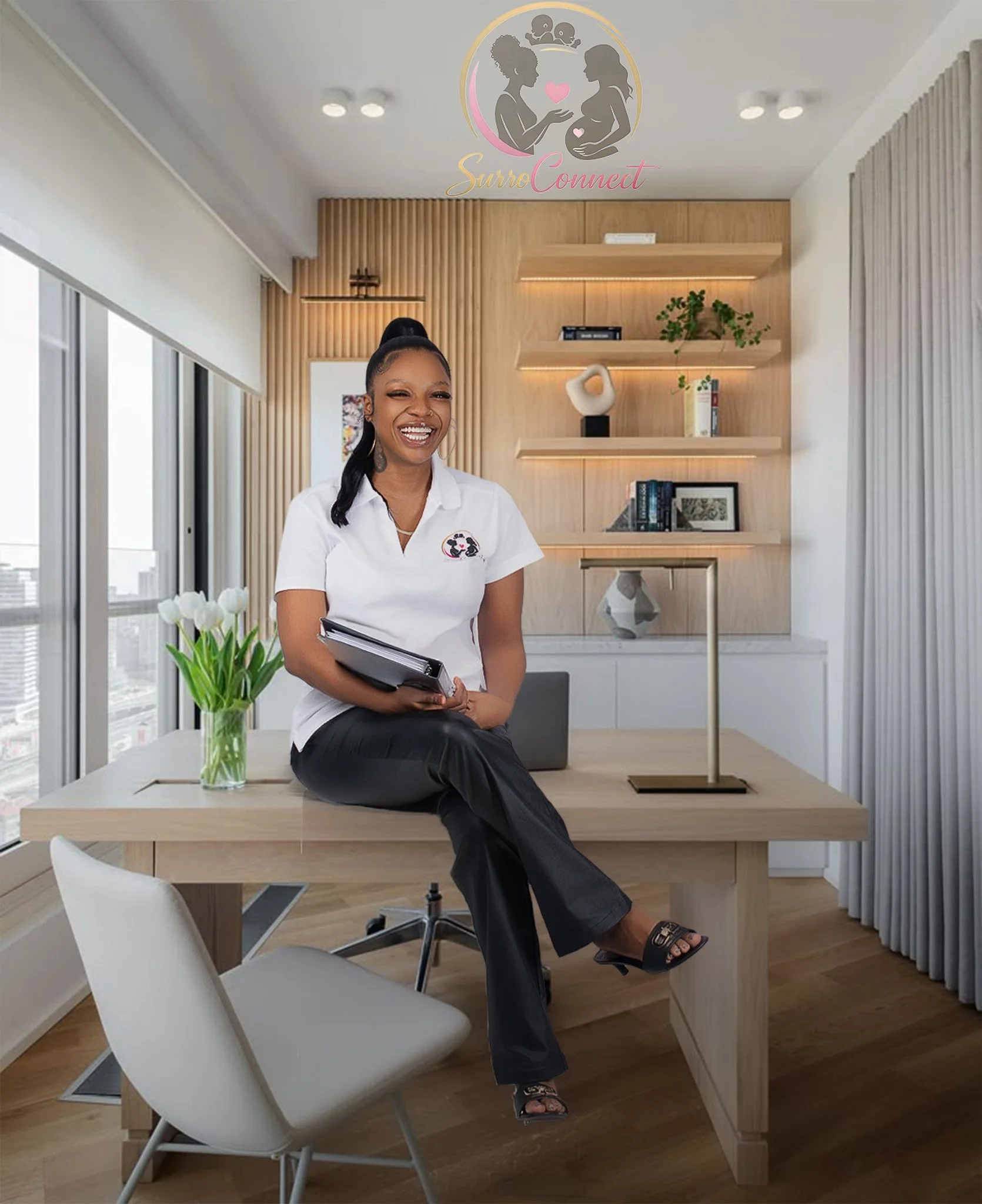 A smiling woman in a white polo shirt and black pants sitting on a wooden desk in a modern, well-lit office. She holds a folder, with a vase of white tulips beside her and a closed laptop on the desk. The background features a wooden wall with shelves and decorative items, large windows with curtains, and a logo on the ceiling reading 'SurroConnect' with an illustration of two women, one pregnant, sharing a heart.