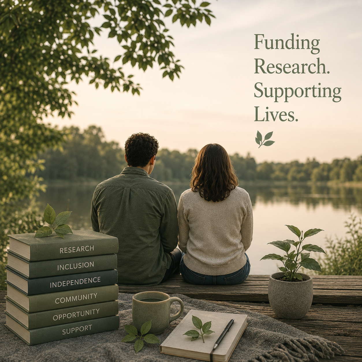 A man and woman sit on a dock by a lake at sunset, facing away. To their left are stacked books labeled research, inclusion, independence, community, opportunity, support. In front of them is a cup of coffee, a notebook with a pen, and a potted plant. Overlaid text reads 'Funding Research. Supporting Lives.' with a small leaf icon.