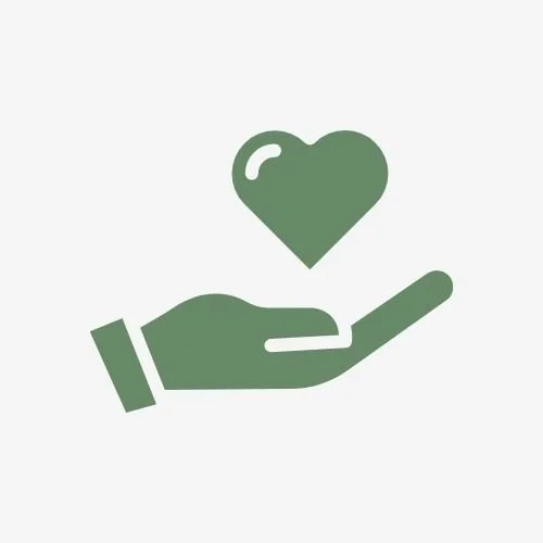 A green icon of a hand holding a heart.