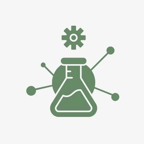 Icon of a laboratory flask connected to dots with a gear above it, representing science and technology.