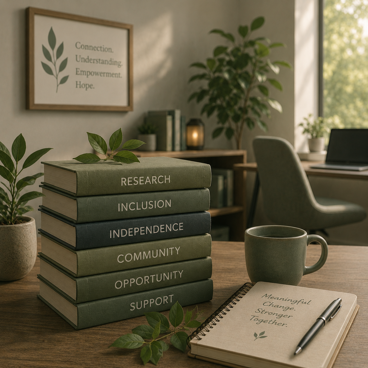 A stack of books on values such as research, inclusion, independence, community, opportunity, and support on a wooden desk, with a notebook, pen, and a coffee mug nearby, in a well-lit room with plants and a framed quote on the wall that reads "Connection, Understanding, Empowerment, Hope."