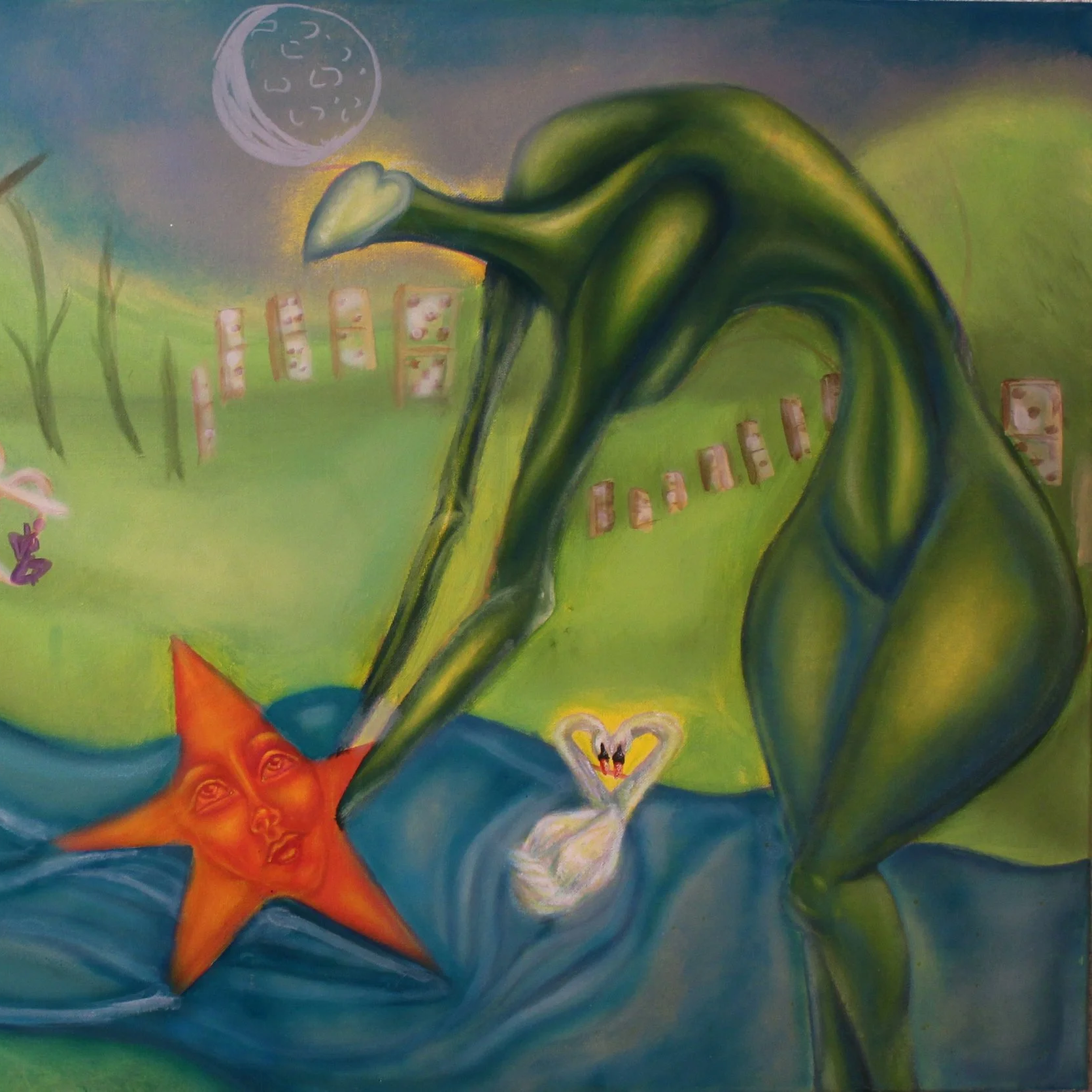 A surreal painting featuring a large green dragon with a long neck, a small swan with a heart shape around it, and a bright orange star with a human face. The background includes a night sky with a moon and a landscape with trees and a fence.