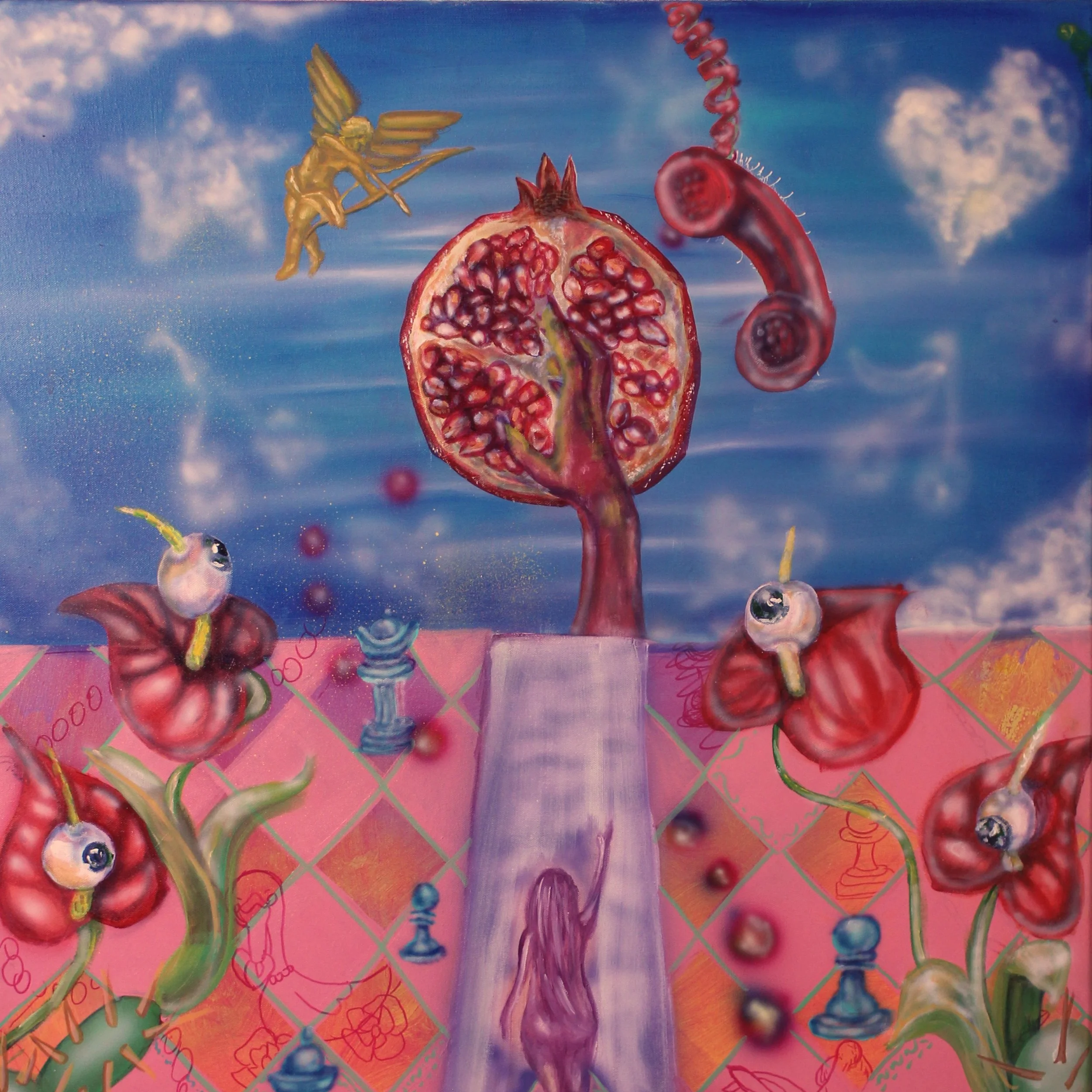 A surreal painting featuring a pomegranate tree with a stained-glass appearance, floating in a sky with clouds. Surrounding the tree are cherries with eyeballs, chess pieces, and a woman with long hair climbing a ladder towards the tree. The backgrou