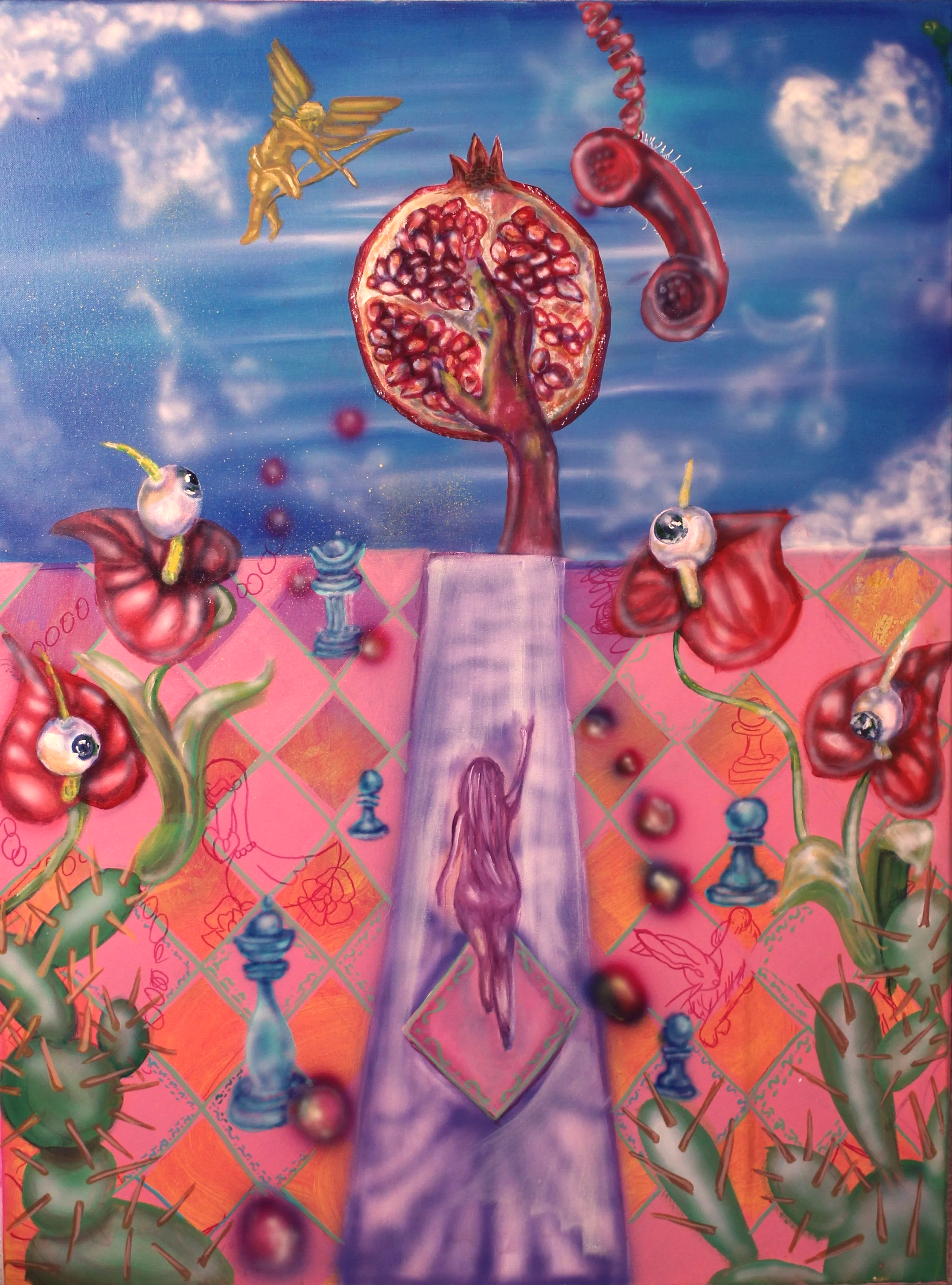 A surreal painting with a purple path leading to a pomegranate tree in a sky filled with clouds and a blue background. There are anthropomorphic flower-like creatures with eyes and chess pieces scattered around, with cactus plants in the foreground.