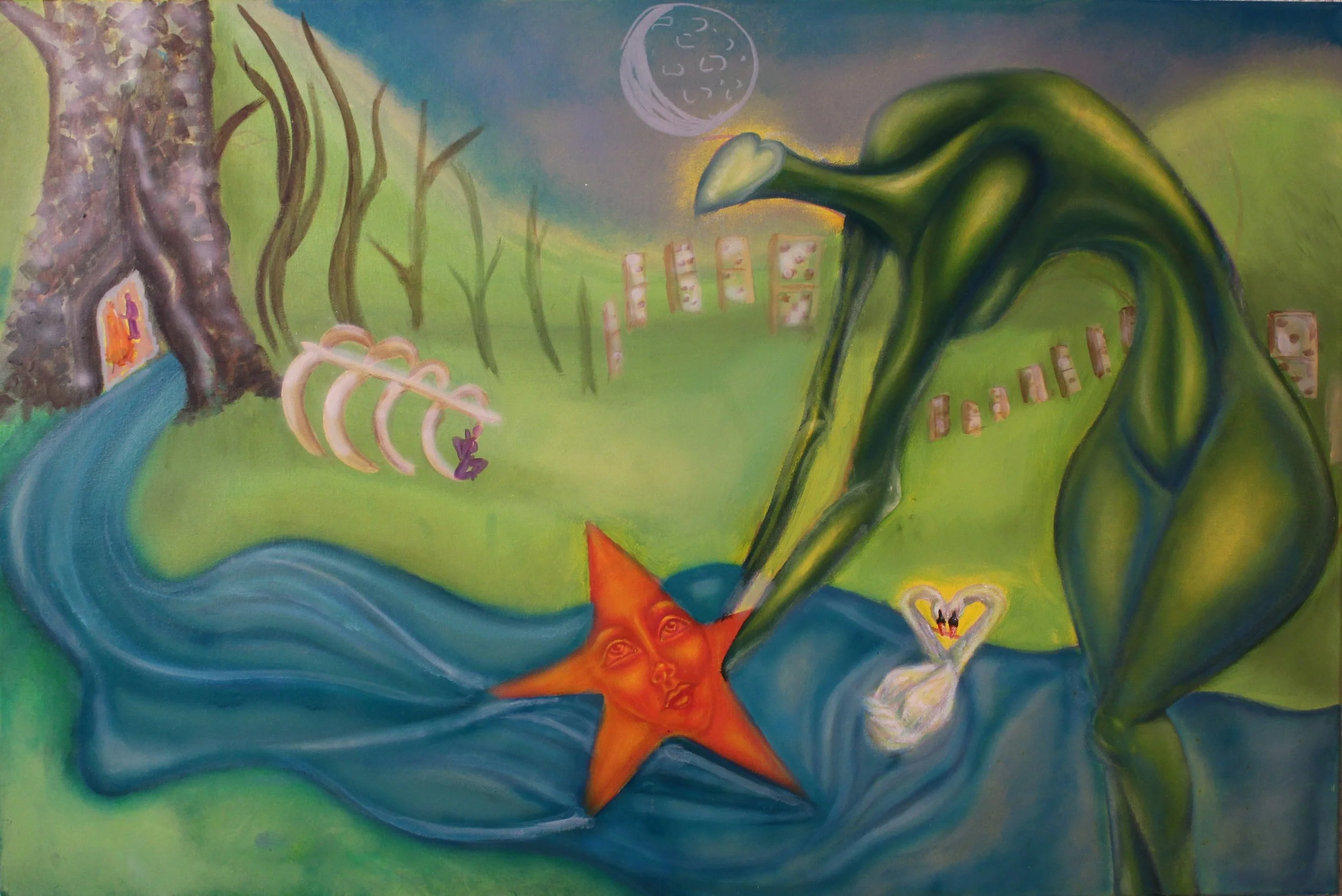 A surreal painting featuring abstract elements: a large green figure with a heart-shaped face, a swan with a glowing heart, an orange star with a woman's face, a moon, a flowing blue river, a tree with a small figure inside, and a purple animal, all set in a colorful landscape with a sky transitioning from blue to purple.