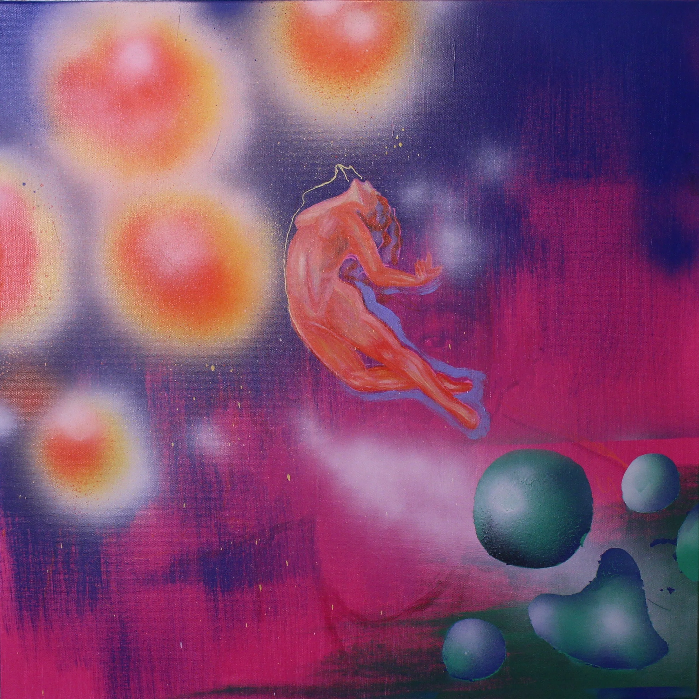 A colorful abstract painting featuring floating spheres and a floating nude human figure surrounded by a vibrant background of pink, purple, and orange hues.