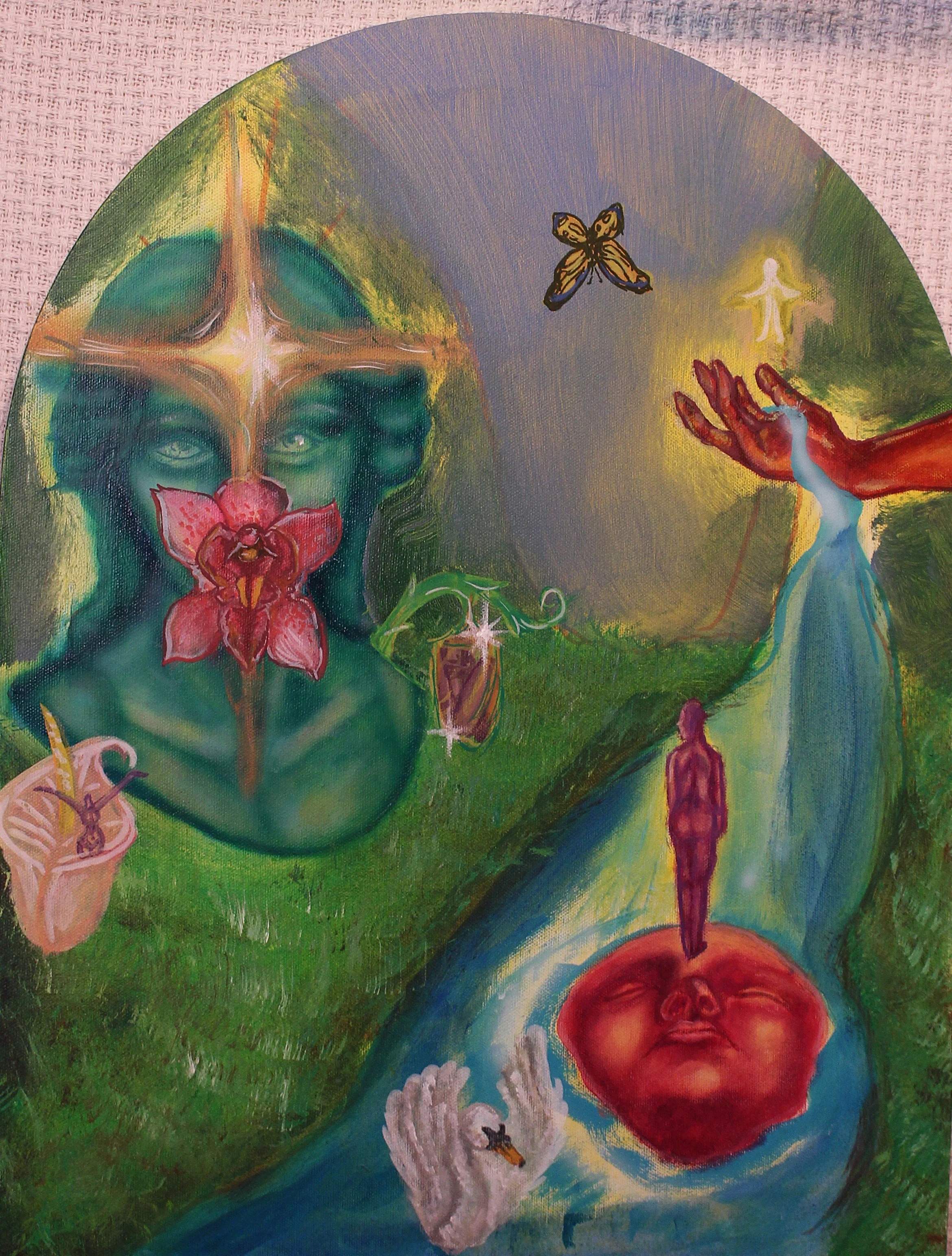 A surreal painting depicting a large face with glowing eyes and a flower covering the mouth, surrounded by smaller human figures, animals, and abstract shapes in green, blue, red, and yellow hues.