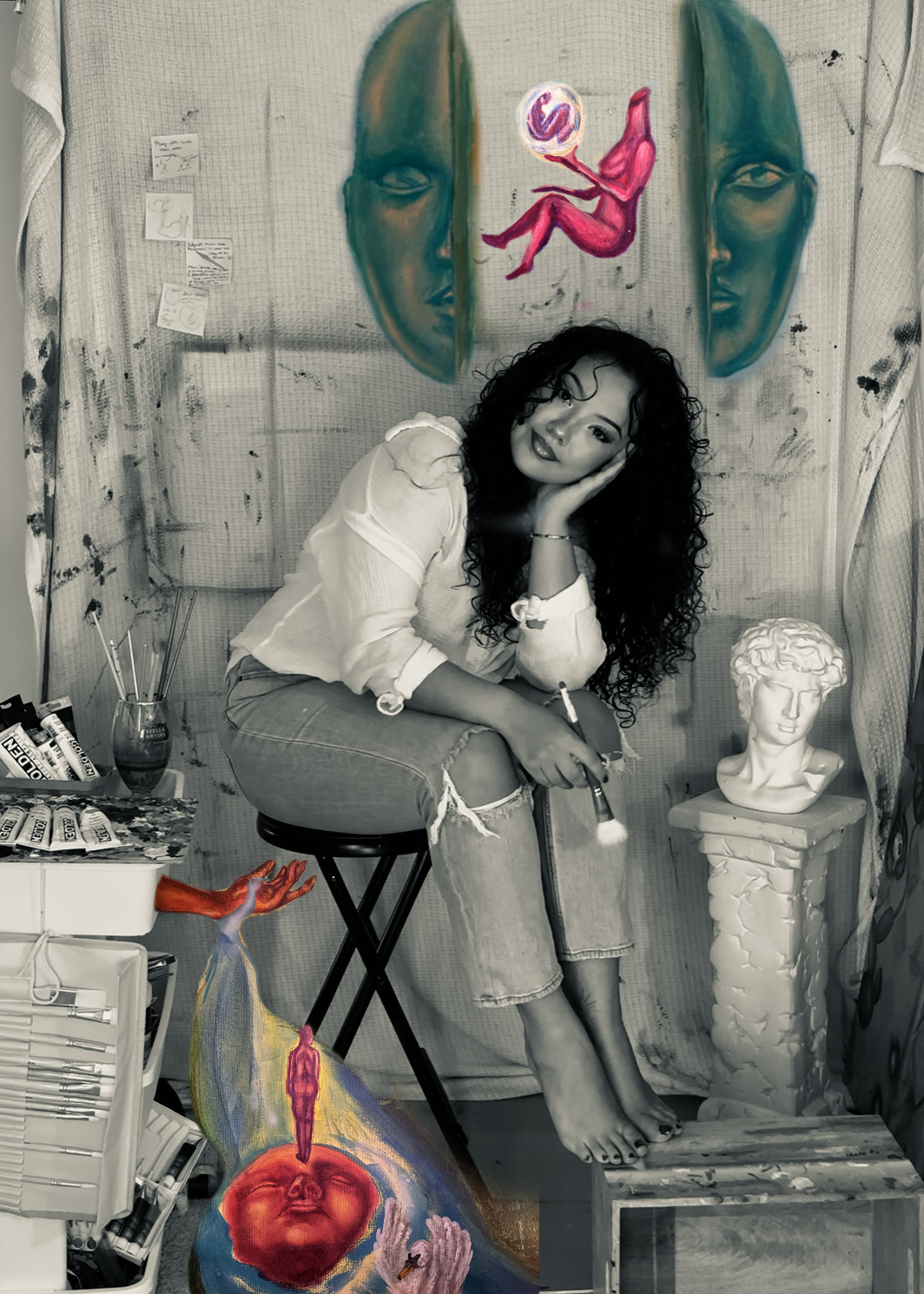 A woman with curly hair sitting on a stool in an art studio, surrounded by sketches, paint supplies, and sculptures. Behind her are two large abstract face paintings with a floating pink and purple figure between them. There are also surreal, fantasy-like illustrations of a haded creature and a woman with a mushroom cap on her head at the bottom.