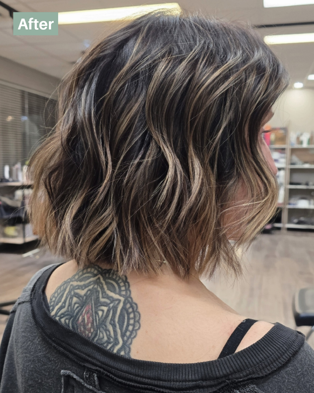 Textured bob and lob with dimensional brunette balayage and subtle highlights. High-end color and styling in Saskatoon on Central Avenue in Sutherland.