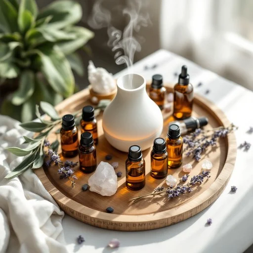 A round wooden tray with a white aroma diffuser emitting steam, surrounded by amber essential oil bottles, lavender sprigs, stones, and herbs, set on a white cloth near a window.