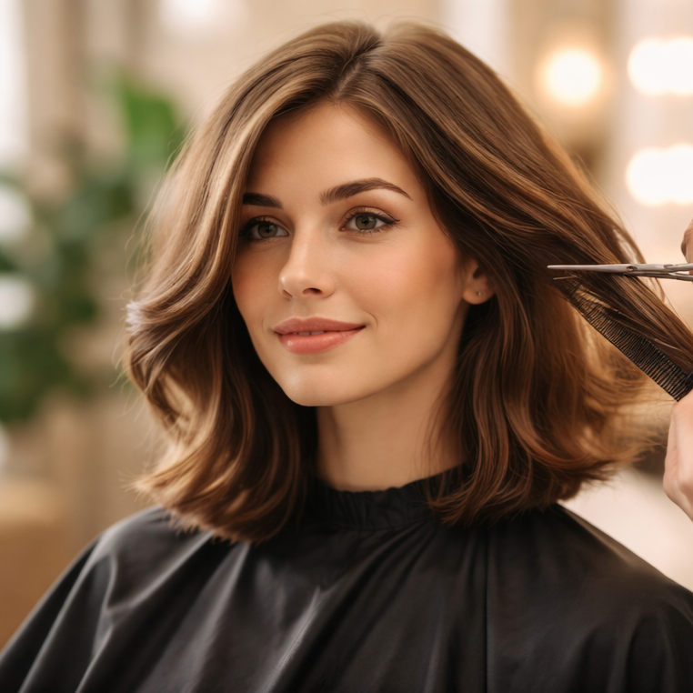 Woman with shoulder-length brown hair getting her hair styled at a salon