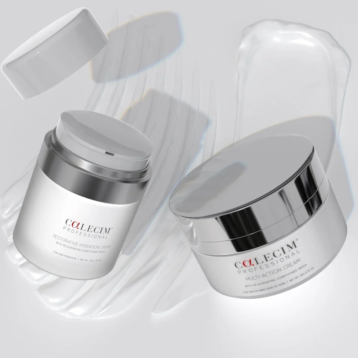 Calecim Professional skincare cream. Restorative Hydration Cream and Multi-Action Cream. Skincare product targeting fine lines and wrinkles to make it youthful. Used by Lori Miller at Central Hair District