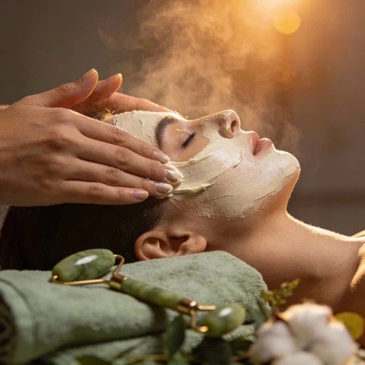 Client recieving a restorative steam facial in a high-end spa setting. Professional skincare therapy and cellular repair treatments for anti-aging, acne treatments in Saskatoon.