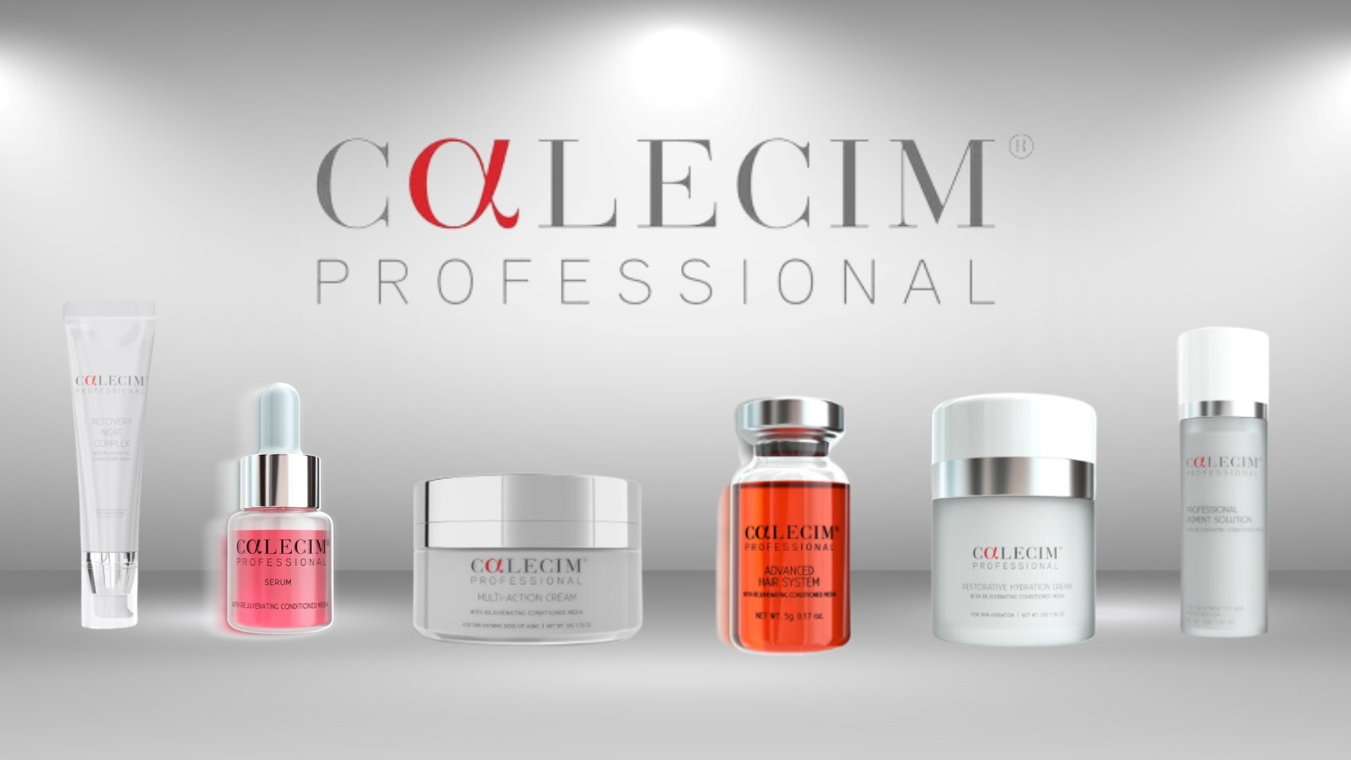 Professional skincare and haircare products displayed in a row with a gray background, featuring the brand name Calecim. Targeting skin to make it youthful and get rid of wrinkles. Used by Central Hair District Hair Salon and Spa in Saskatoon.