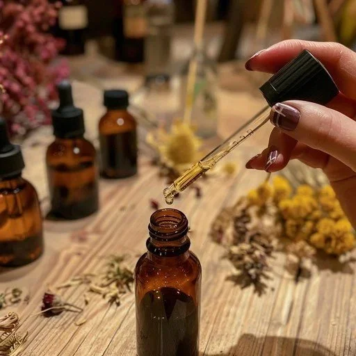 A hand holding a dropper above a brown glass bottle, with several other brown glass bottles and dried flowers on a wooden surface in high end salon in Saskatoon.