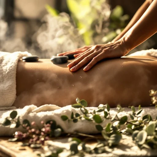 Person receiving a hot stone massage with steam rising, surrounded by spa elements and greenery at Central Hair District Salon and Spa.