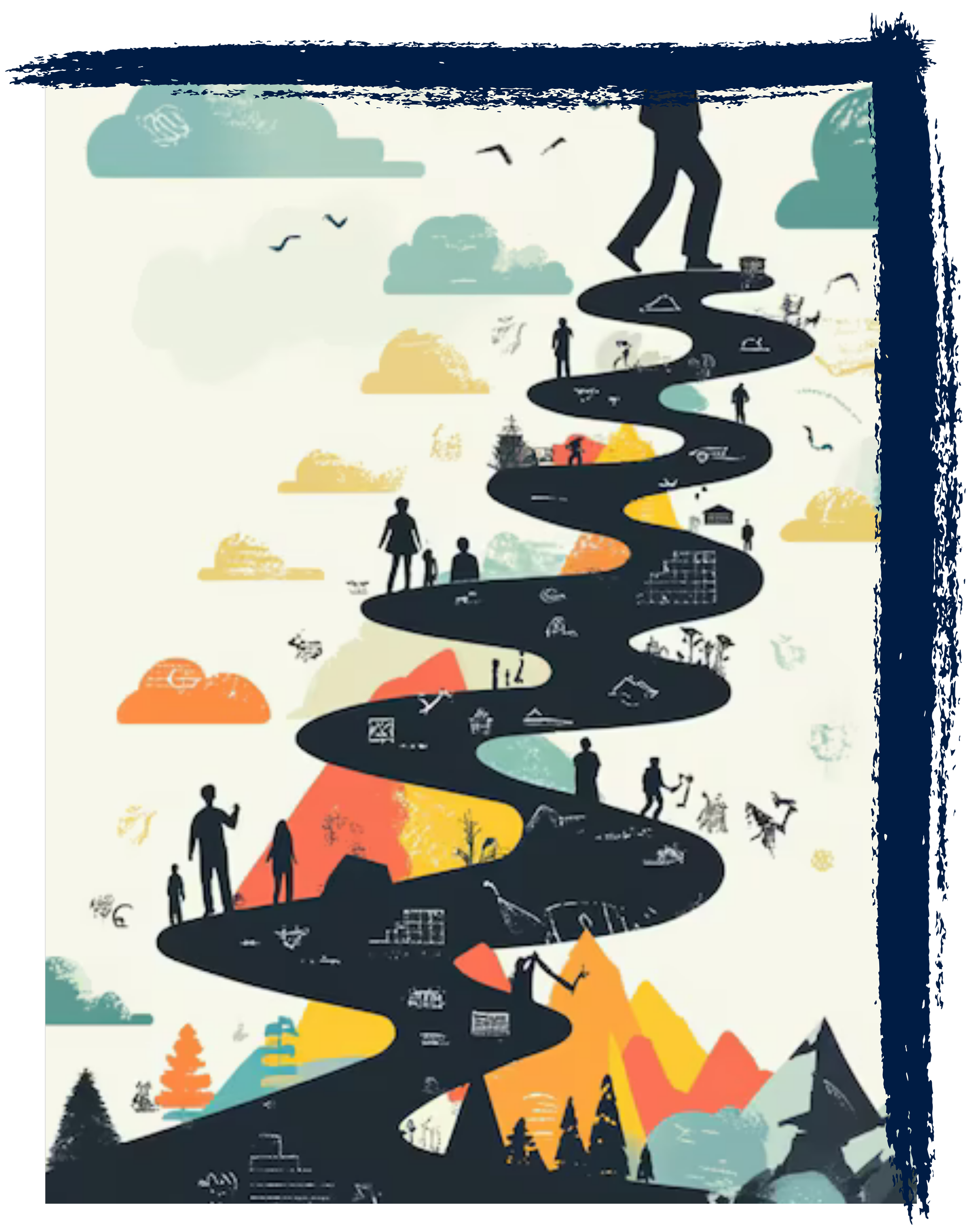 Illustration of a winding mountain road with silhouettes of people walking, mountain peaks, trees, clouds, and various outdoor scenes in a colorful, stylized landscape.