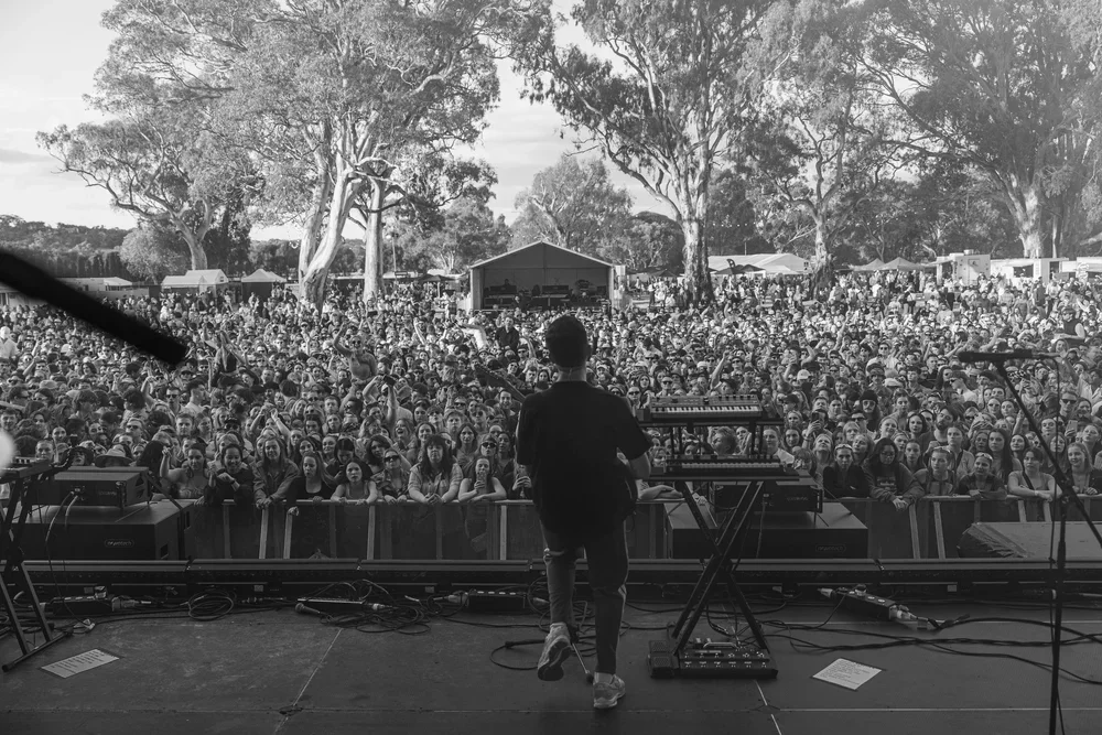 The Wombats frontman, Matthew "Murph" Murphy signing  and playing guitar in front of a large crowd at a music festival in McLaren Vale, South Australia