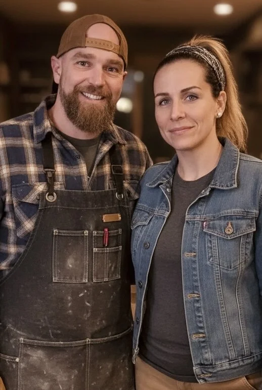 A smiling man with a beard wearing a backward baseball cap, a plaid shirt, and an apron, standing next to a woman with her hair in a headband, wearing a denim jacket and a gray shirt, in a warm indoor lighting setting.