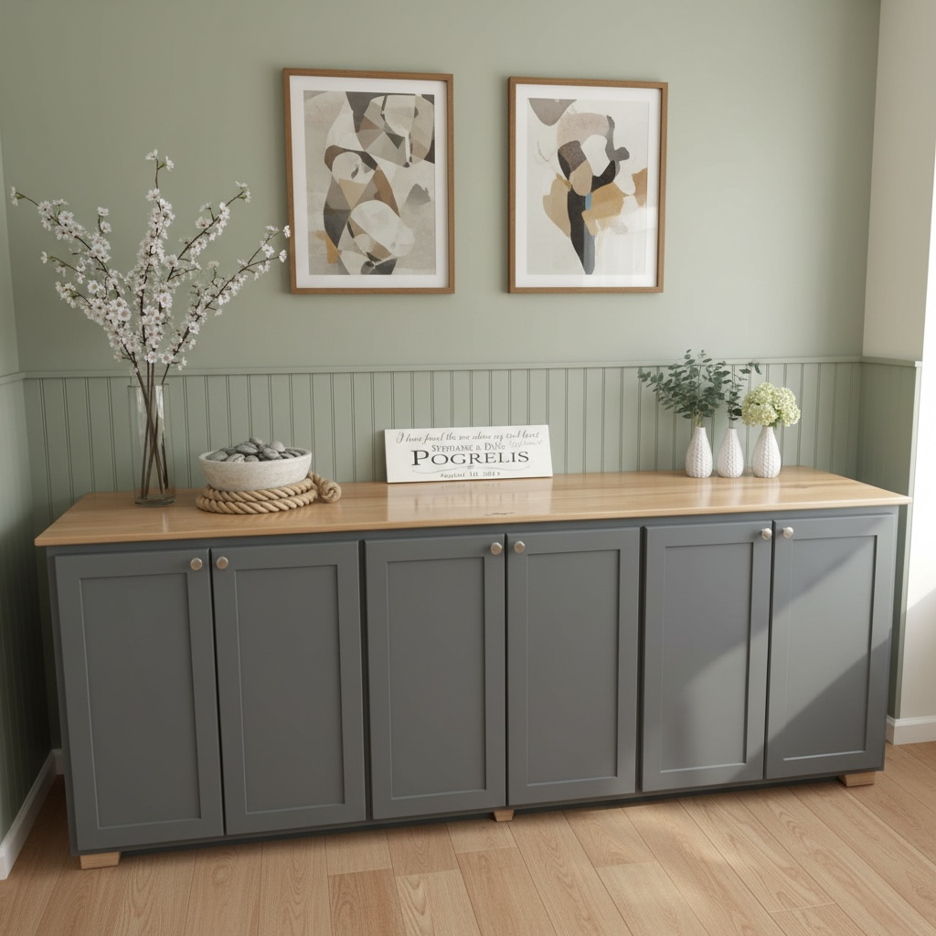 A gray sideboard with a light wooden top against a light green wall with floral artwork. Decor includes a glass vase with pink cherry blossoms, a bowl of stones with a rope around it, a white sign with writing, and three white vases with flowers.