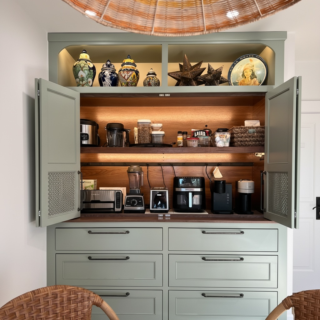 A kitchen cabinet with open green doors revealing coffee and kitchen appliances on wooden shelves. Top shelf decorated with vases, stars, and a framed picture.