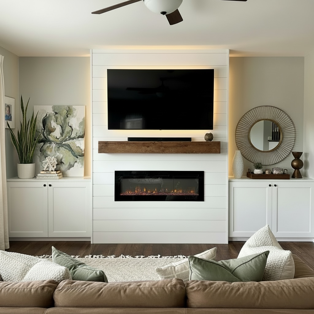 Living room with a mounted flat-screen TV above an electric fireplace on a white shiplap accent wall, flanked by white cabinets with decorative items, a large green plant on the left, and a round mirror on the right, with a beige sofa and green pillo