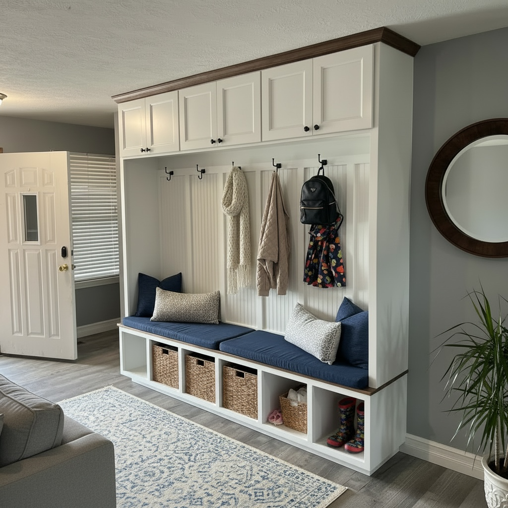 Entryway with a built-in bench and coat hooks, decorated with pillows, baskets, and hanging items, next to a door with a window and blinds, in a living room with a rug and a plant.