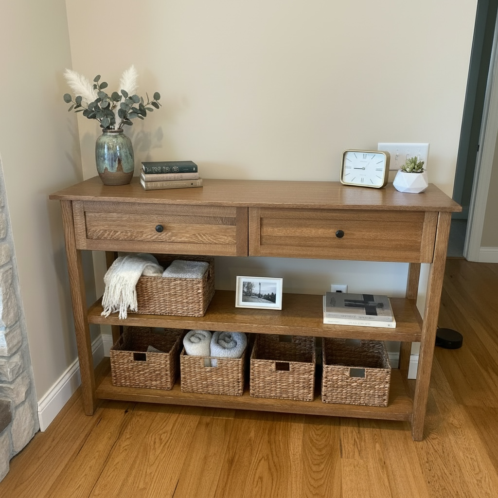 Wooden console table with decorative items including a vase with greenery, a stack of books, a clock, a plant, and storage baskets with towels underneath.