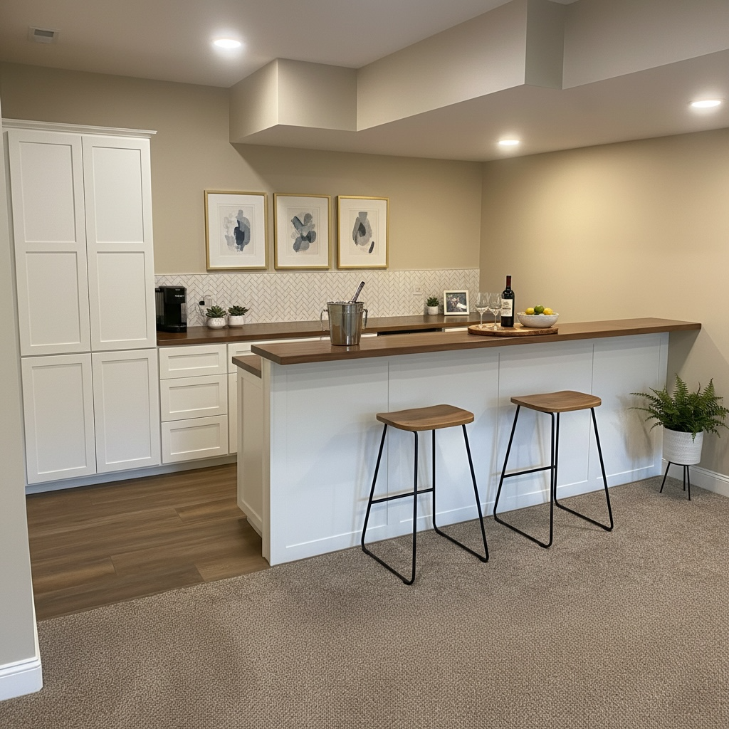 Modern kitchen with white cabinets, a wooden countertop, and a beige wall. The counter has three bar stools, a bottle of wine with glasses, and a bowl of lemons. There are three framed abstract art pieces above the counter, a small coffee station, and a potted fern in the corner.