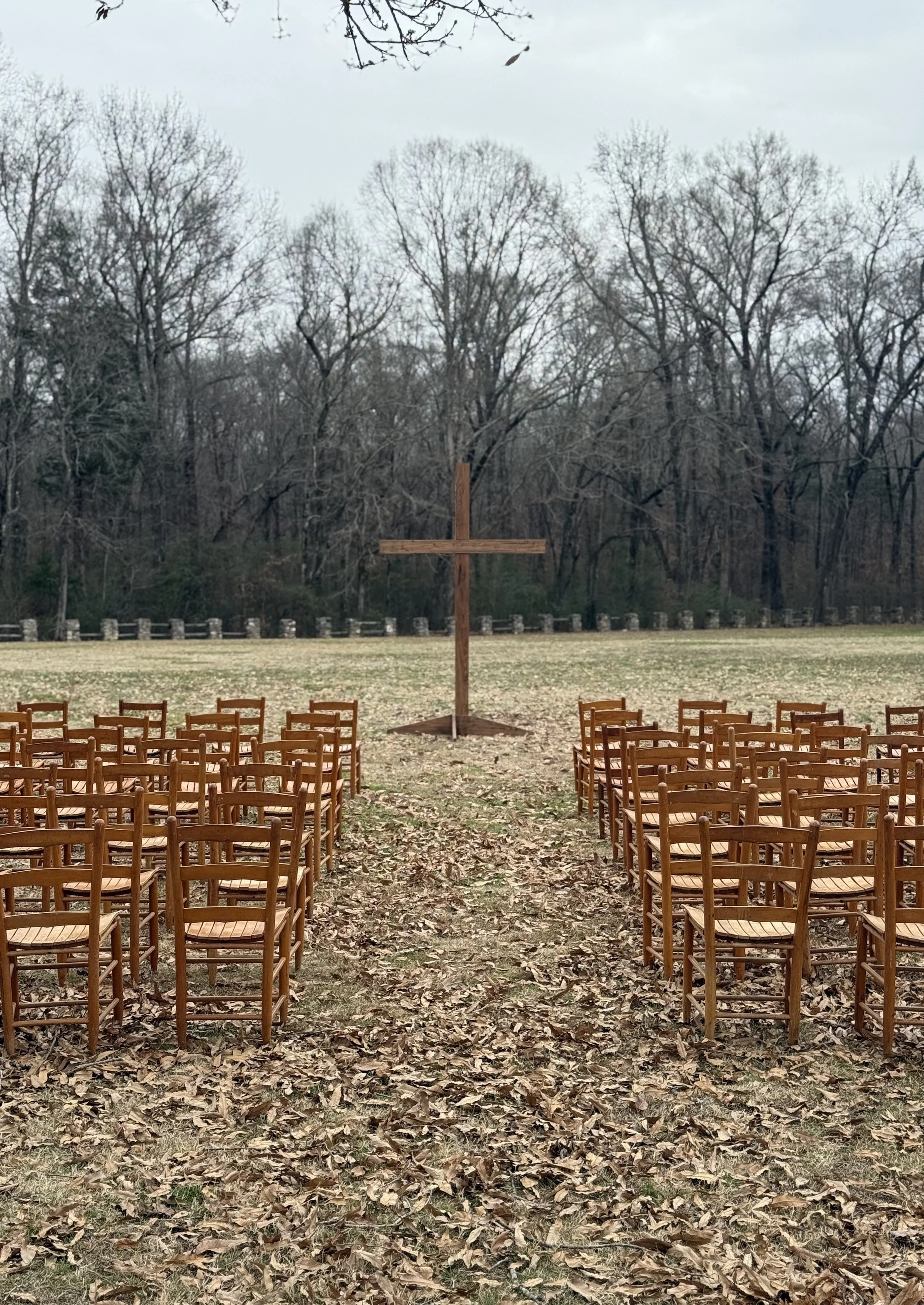 Outdoor setting with a wooden cross in the distance, surrounded by multiple wooden chairs arranged in rows on a leaf-covered ground, with leafless trees in the background.