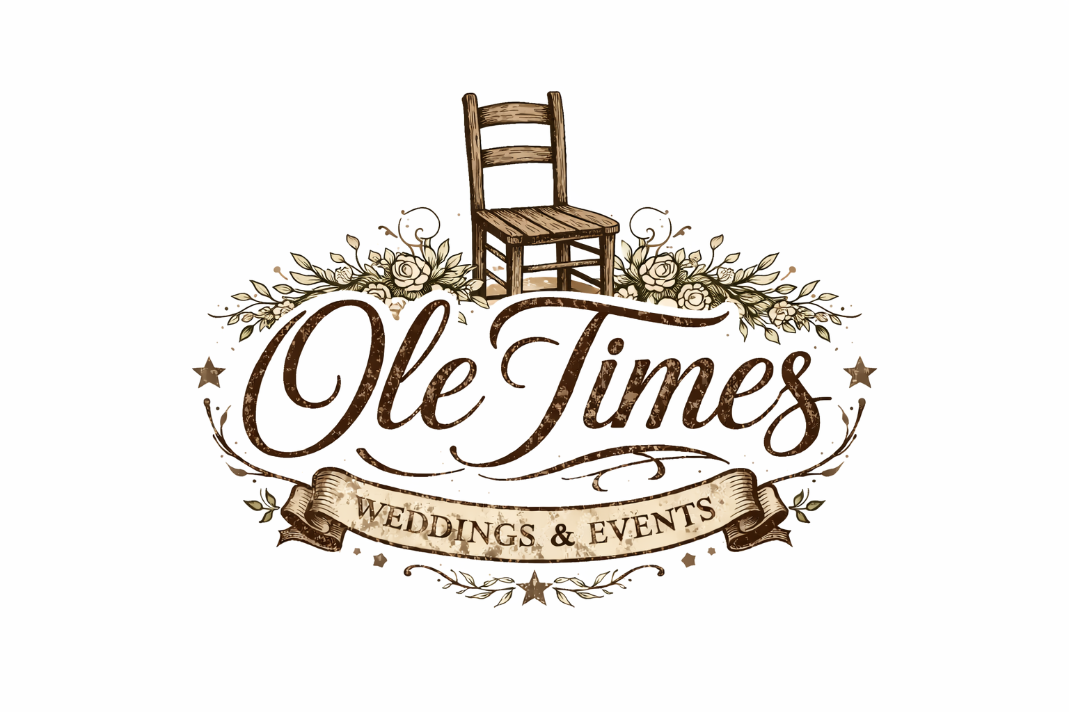 Logo for Ole Tymes Weddings & Events featuring a vintage wooden chair above floral and star decorations, with the business name in cursive and a banner reading "Weddings & Events".