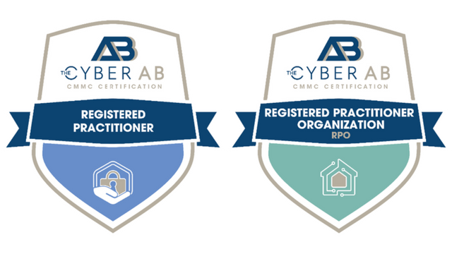 Two cyber AB certification badges, one for registered practitioner and one for registered practitioner organization (RPO), displayed side by side.
