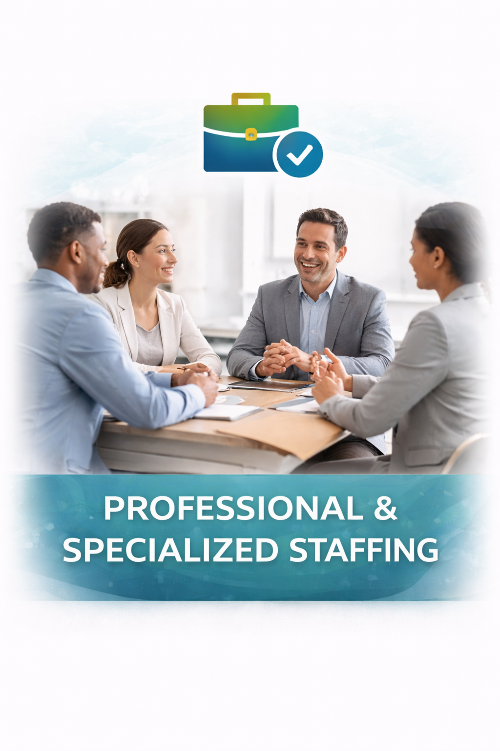 Business meeting with four diverse professionals smiling and talking around a table with documents, overlaid with text "Professional & Specialized Staffing" and a briefcase icon with a check mark.