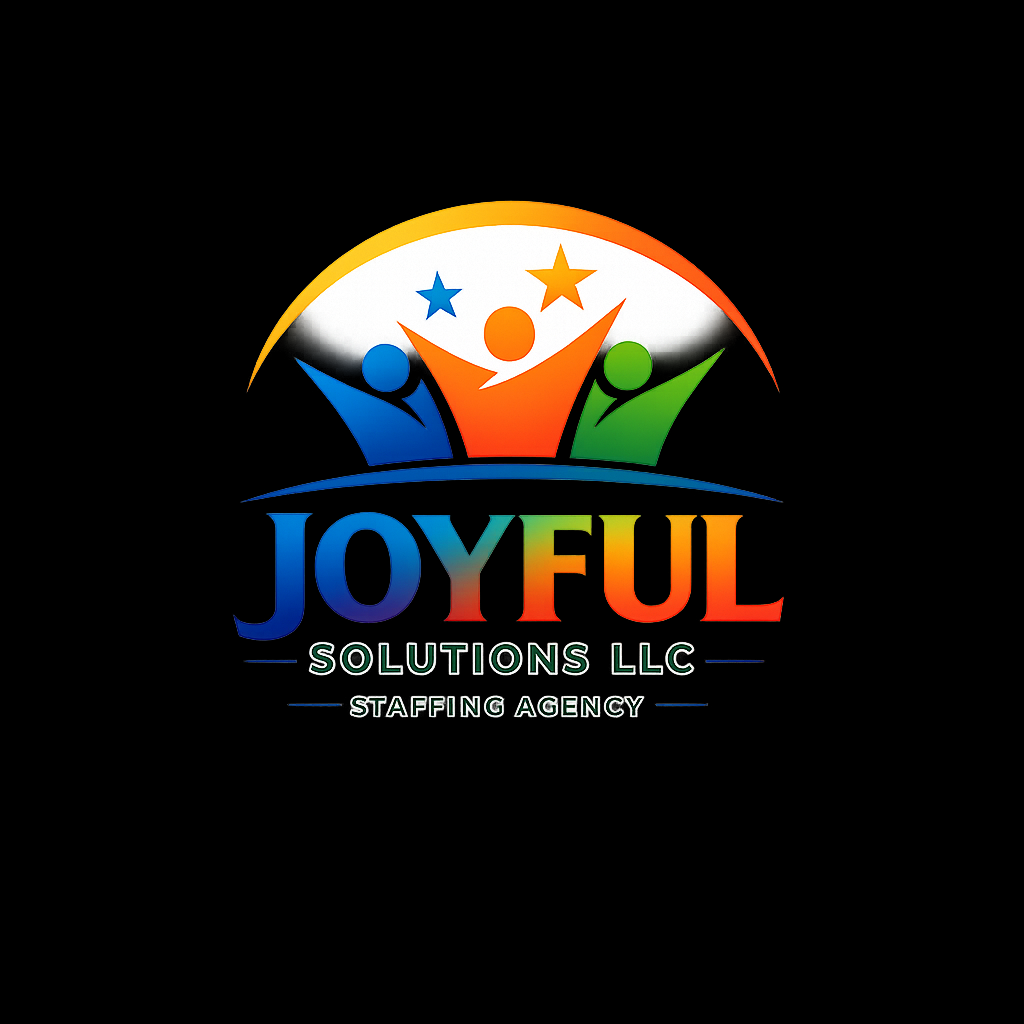 Colorful logo for Joyful Solutions LLC Staffing Agency featuring three abstract human figures celebrating under a rainbow arc.